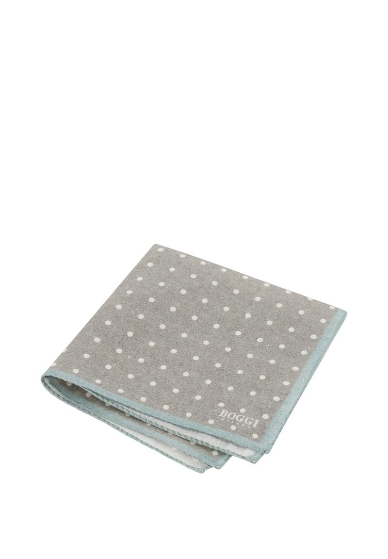 Tovagliolo di stoffa grigio a pois con un bordo azzurro chiaro, caratterizzato da una texture morbida e dettagli di cucitura ordinati. Logo del marchio visibile sul bordo.