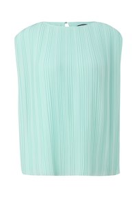 Blouse sans manches plissée bleu clair avec encolure ronde et fermeture par bouton à œillet dans le dos.