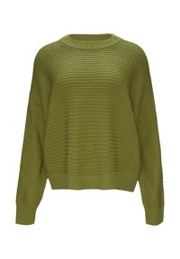 Olijfgroen gebreide sweater met een geribbelde textuur, brede pasvorm en lange mouwen. Beschikt over een ronde hals en verzakte schoudernaad.