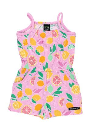 Combinaison sans manches rose avec imprimé citron, citron vert et orange, taille élastiquée, deux poches et étiquette de la marque Villervalla sur l'ourlet.
