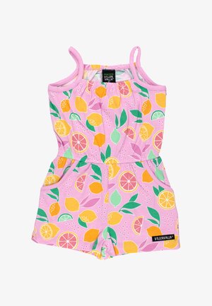 Pink ærmeløs romper med print af citron, lime og appelsin, elastisk talje, to lommer og Villervalla mærke på kanten.