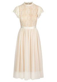 Robe midi crème avec manches courtes en dentelle, corsage à motif de feuilles complexe, taille ajustée et jupe transparente à pois.