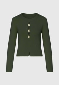 Haut à manches longues côtelé de couleur vert foncé avec un col rond, présentant un détail en forme de trou de serrure et trois boutons décoratifs dorés sur le devant.