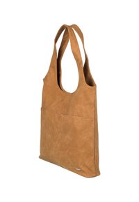 Hnědá kožená taška přes rameno s dvěma měkkými popruhy, prostorným hlavním oddílem a přední kapsou. Hladký povrch a minimalistický design.