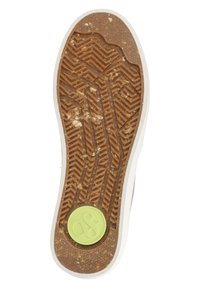Sole of a shoe with a herringbone pattern, made of brown rubber, featuring a circular green logo and white edging. Textured grip surface.