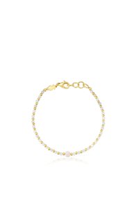 Bracciale in oro con piccole perle in oro e tonalità pastello, caratterizzato da una perla centrale rosa. Chiusura sicura e design della catena fine.