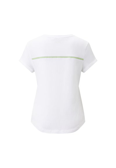 Hvid kortærmet T-shirt med rund halsudskæring og et grønt accentstribe tværs over den øverste del af ryggen. Blødt, let materiale.