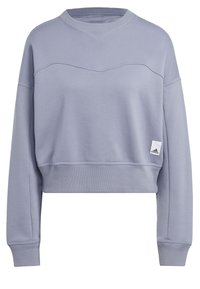 Sudadera recortada de color púrpura claro con mangas largas, puños y dobladillo acanalados, cuello redondo acanalado y pequeño parche del logo de Adidas cerca del dobladillo.