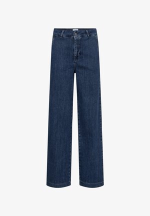 Tmavě modré džíny s rovnými nohavicemi, zapínání na knoflík a zip, přední a zadní kapsy a poutka na pásek v pase.