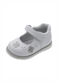 Scarpa Mary Jane in pelle bianca con punta rotonda, cinturino in velcro, decorazioni floreali e design perforato lungo il lato. Fodera morbida.