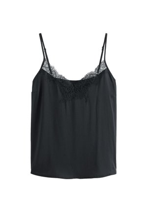 Black sleeveless camisole with adjustable straps and lace trim along the neckline and upper chest.