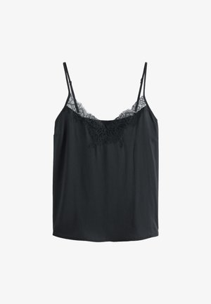 Black sleeveless camisole with adjustable straps and lace trim along the neckline and upper chest.