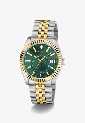 Orologio in acciaio inox con finiture in argento e oro, quadrante verde, indicatori delle ore in rilievo, display della data e lunetta rotante texturizzata.