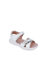 Sandalia blanca y plateada con parte superior de cuero liso, correas ajustables y una plantilla acolchada. Punta reforzada y suela de goma.