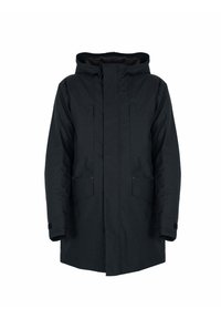 Parka negra con capucha, que cuenta con un cierre frontal de cremallera, dos bolsillos laterales y puños elásticos. Tela suave con un acabado mate.