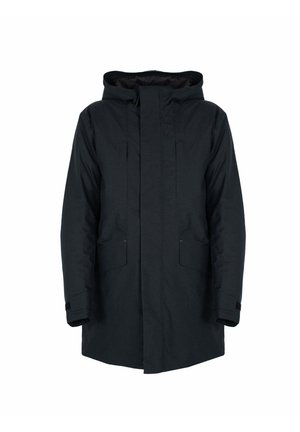 Sort parka-jakke med hætte, der har lynlåslukning foran, to sidelommer og elastiske mansetter. Glat stof med mat overflade.