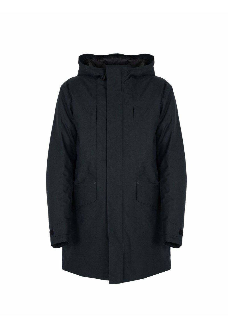 Parka negra con capucha, que cuenta con un cierre frontal de cremallera, dos bolsillos laterales y puños elásticos. Tela suave con un acabado mate.