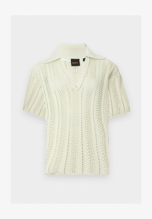 Top lavorato a maglia color crema a maniche corte con scollo a V e colletto appuntito, caratterizzato da un motivo traforato texturizzato e un'etichetta del marchio BOSS all'interno.