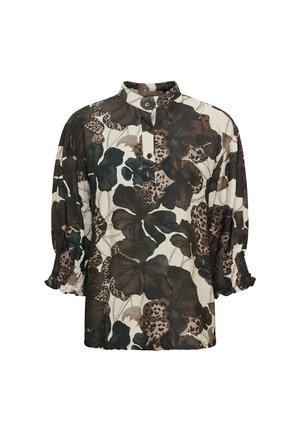 Langærmet bluse med brun, sort og beige blomstret og leopardprint, knaplukning foran og elastiske manchetter på ærmerne.