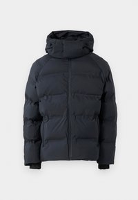 Sort pufferjakke med høj krave, frontlynlås, lynlåslommer på siden og justerbar hætte med snore, vist på ensfarvet baggrund.