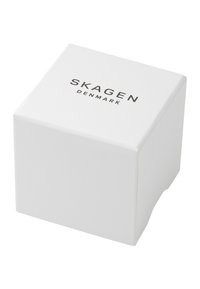 Caja cuadrada blanca con acabado mate, que presenta el nombre de la marca "SKAGEN" y "DINAMARCA" en texto negro en la parte superior. Diseño simple y sin adornos.