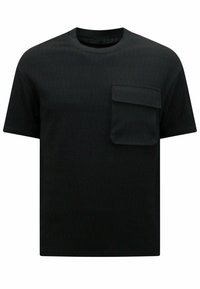 Zwarte T-shirt met korte mouwen, voorzien van een textuurpatroon in golven, een ronde hals en een patch pocket op de linkerkant van de borst.