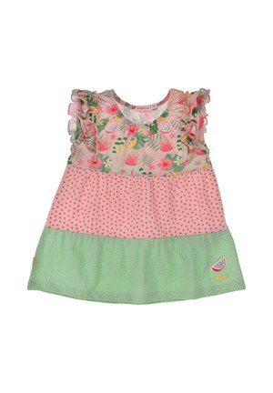 Toddler dress with ruffled sleeves, floral and fruit print top, pink middle with red hearts, green bottom with white dots and watermelon patch.