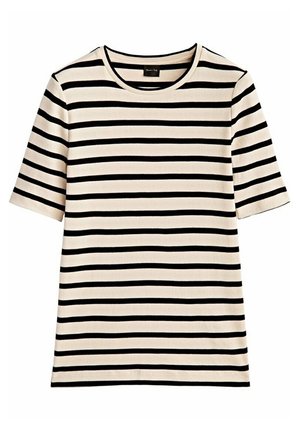 Striped t-shirt in beige and black with a crew neck, short sleeves, and a soft cotton texture. Features horizontal stripes of equal width.
