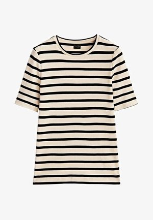 Stribet T-shirt i beige og sort med rund hals, korte ærmer og en blød bomuldsstruktur. Har vandrette striber af lige bredde.