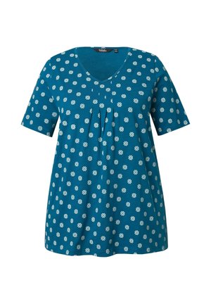 Tyrkysový krátký rukáv top s výstřihem do V, s detailním nařasením a bílým květinovým vzorem po celém povrchu. Vyroben z měkké látky.