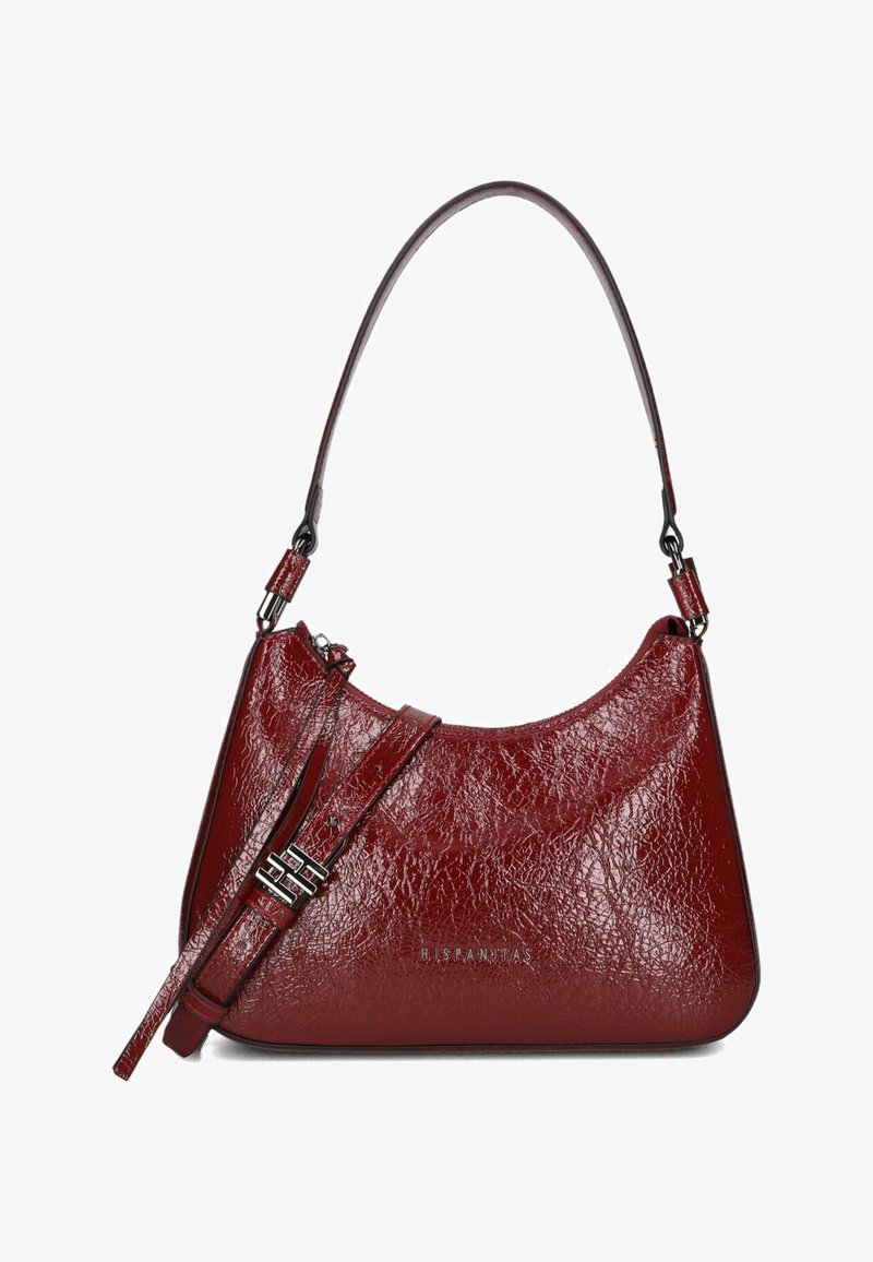 Rode neplederen handtas met een gebogen silhouet, verstelbare schouderband en een gestructureerde afwerking. Voorzien van hardware in zilverkleur en een merklogo.