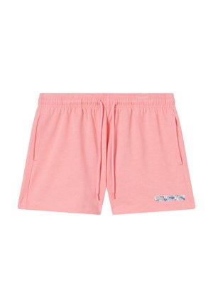 Rosa Damen-Sportshorts mit elastischem Bund, Kordelzug, Seitentaschen und „CHAMPION“-Logo in Pastellfarben am linken Beinabschluss.