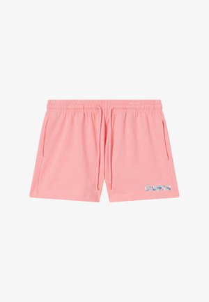 Roze atletische damesshorts met elastische tailleband, trekkoord, zijzakken en "CHAMPION"-logo in pasteltinten op de zoom van het linkerbeen.