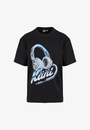 T-shirt in cotone nero con una grafica di cuffie blu e il testo "Kani" in un carattere stilizzato. Maniche corte e scollatura rotonda.