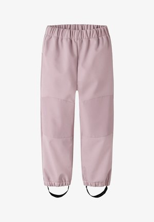 Pantaloni rosa chiaro con vita elastica, rinforzati con toppe sulle ginocchia e cinghie nere regolabili alle caviglie.