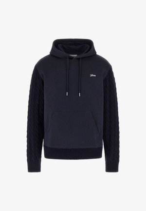 Tengerészeti kapucnis pulóver, kötött ujjakkal, elöl kenguruzsebbel, állítható zsinórral ellátott kapucnival és logó részlettel a mellkason. Puha szövet struktúra.