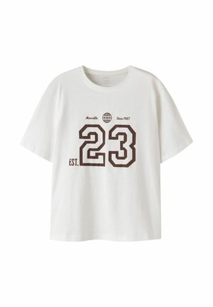T-shirt blanc à manches courtes avec col rond, imprimé brun foncé d'un globe, "Marseille," "Since 1987," "EST. 23" à l'avant.