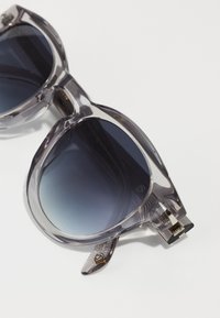 Transparente graue Sonnenbrille mit einem Verlauf von dunklen Gläsern, runden Rahmen, detaillierten Bügeln und dezenten Hardware-Akzenten.