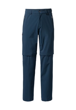 Knielange, afritsbare donkerblauwe broek van lichtgewicht stof. Voorzien van voorzakken met ritsen en een knoopsluiting.