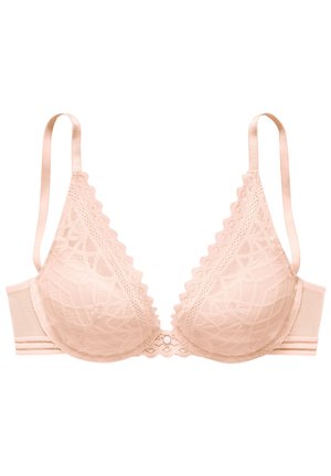 Reggiseno in pizzo di un delicato rosa, caratterizzato da un design in rete bicolore, bordi scallop e spalline in satin regolabili. Centro decorato con un piccolo dettaglio.
