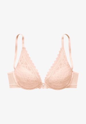 Lace beha in zacht roze, met een bicolor mesh ontwerp, golvende randen en verstelbare satijnen bandjes. In het midden versierd met een kleine accent.