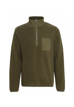 Olivgrön fleecepullover med halv dragkedja i halsen, en frontficka och sidofickor. Mjuk textur och avslappnad passform.