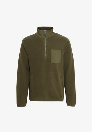 Zielona oliwkowa polarowa bluza z ćwierć zamkiem, kieszenią z przodu oraz kieszeniami w szwach bocznych. Miękka tekstura i luźny krój.