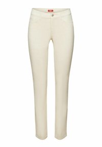 Jean slim ajusté couleur blanc cassé avec fermeture à boutons et zip à l'avant, passants pour ceinture et design à cinq poches.