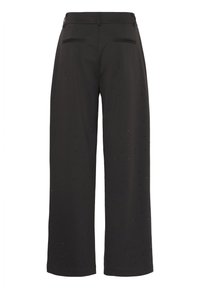 Pantaloni neri a gamba larga realizzati in tessuto morbido, con delicate decorazioni, due tasche posteriori e un design a vita alta.