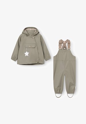 Olive green waterproof jacket with hood and front pocket, paired with matching adjustable strap rain pants with elastic cuffs and foot straps.