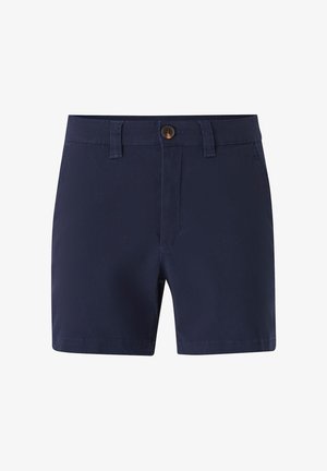 Herreblå skræddersyede shorts med bæltestropper og en enkelt brun knaplukning ved taljen.