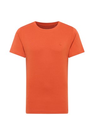 T-shirt en coton orange avec un col rond, des manches courtes et une petite broderie de logo sur la poitrine. Texture lisse et coupe régulière.
