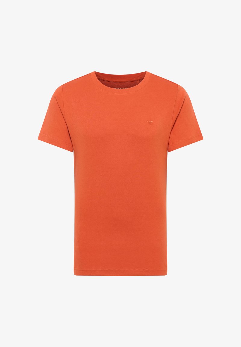 T-shirt en coton orange avec un col rond, des manches courtes et une petite broderie de logo sur la poitrine. Texture lisse et coupe régulière.