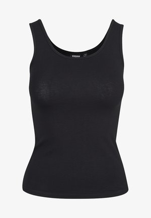 Black tank top made of smooth cotton blend, featuring a fitted design, wide shoulder straps, and a round neckline. No visible patterns or accents.